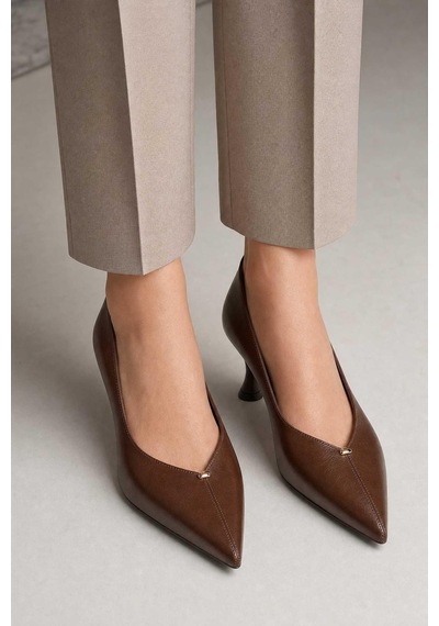 Ezra Hakiki Deri Astar Kahve Sivri Burun Kısa İnce Topuklu Stiletto
