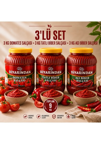 Diyarından 3'lü Avantajlı Salça Paketi 3 Kg Domates Salçası +3 Kg Tatlı Biber Salçası + 3 Kg Acı Biber Salçası 9 Kg