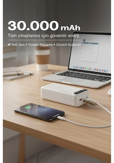 Hızlı Şarj Powerbank 30.000 Mah Taşınabilir Güç, Usb-c & Çift Çıkışlı Beyaz