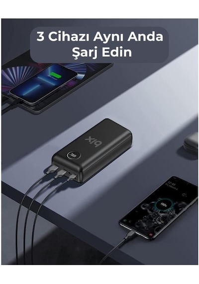 Bix Pb201 Üç Portlu 20000mah 22.5w Hızlı Şarj 4.0 Pd Giriş/çıkışlı Led Göstergeli Powerbank Siyah Siyah