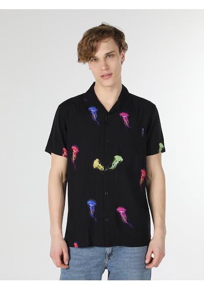 Colin's Regular Fit Shirt Neck Baskılı Siyah Erkek Kısa Kol Gömlek CL1056858_Q1.V1_BLK