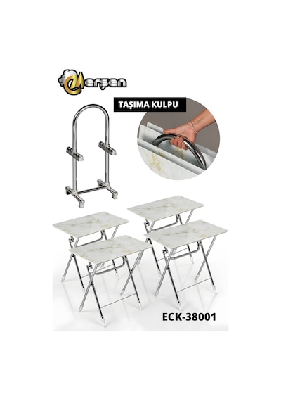 Eranş Serisi 4'lü Katlanır Cam Beyaz Mermer Desen Gold Detay Çanta Zigon Sehpa Krom Ayak Beyaz Mermer Desen Gold Detay
