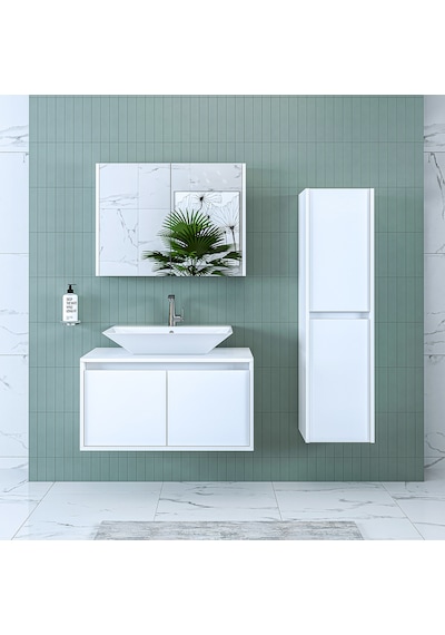 Banos Banyo Roomart Lavabolu Mat Beyaz Mdf 85 Cm Banyo Dolabı+Ayn Mat Beyaz
