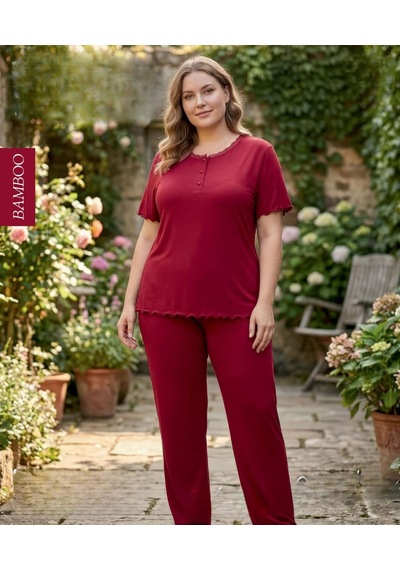 Derya Kadın Bambo Büyük Beden Düğme Yaka İnce Kısa Kol Pijama Takımı 7941 - 1 Adet Bordo