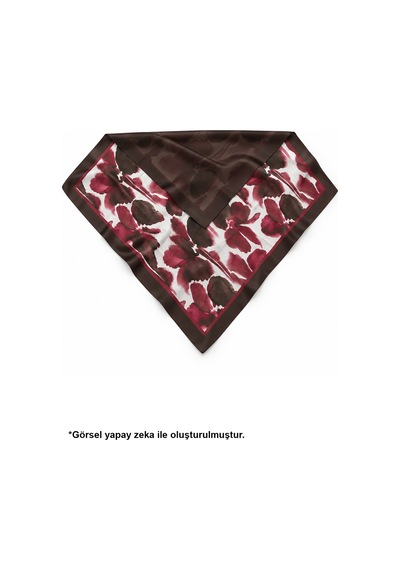 Tarzını Seç Kahverengi Bordo Suluboya Çiçek Çift Taraflı Baskılı Fular 70 X 70 Cm