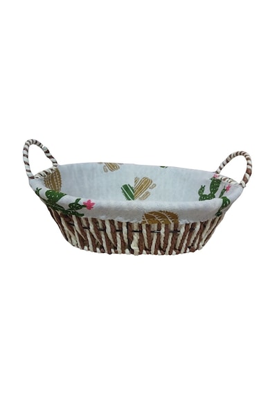Kaktüs Desenli Kumaş Kaplamalı Hasır Kulplu Dekoratif Sepet 27x16 Cm Kahverengi - Yeşil - Bej