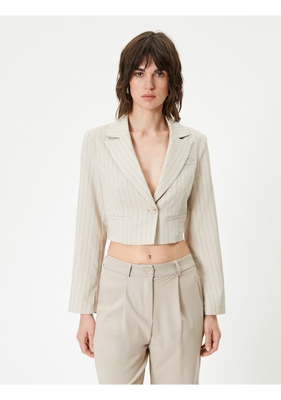 Koton Crop Blazer Ceket Uzun Kollu Bej Çizgili 4sak50080pw Ekru