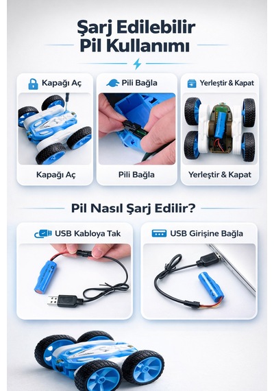 Uzaktan Kumandalı 360 Derece Dönen Akrobatik Şarj Edilebilir Işıklı Rc Oyuncak Araba Mavi Mavi