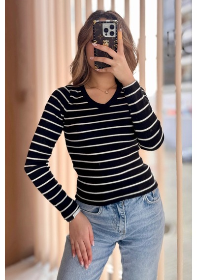 Bbbutikbasic V Yaka Waffle Bluz N5444 Siyah