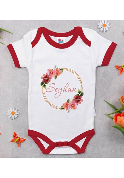 Bk Gift Bk Kids Kişiye Özel Çiçek Tasarımlı Kırmızı Bebek Body Zıbın-18 Çok Renkli