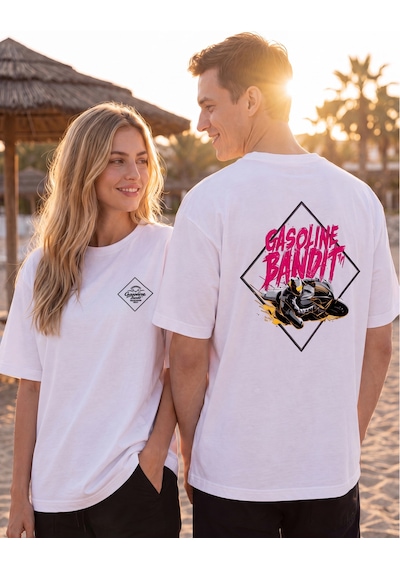 Black Nova Oversize Baskılı Unisex %100 Pamuk T-shirt Gasoline Bandit Beyaz