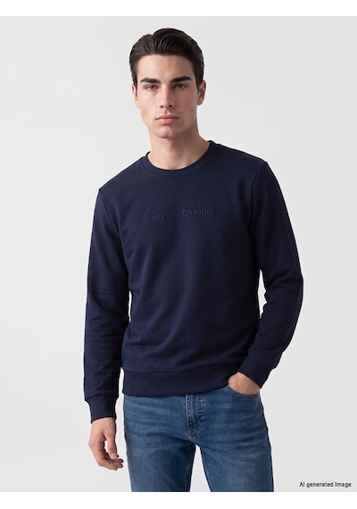 Lcwaıkıkı Classic Lacivert Bisiklet Yaka Nakışlı Erkek Kalın Sweatshirt