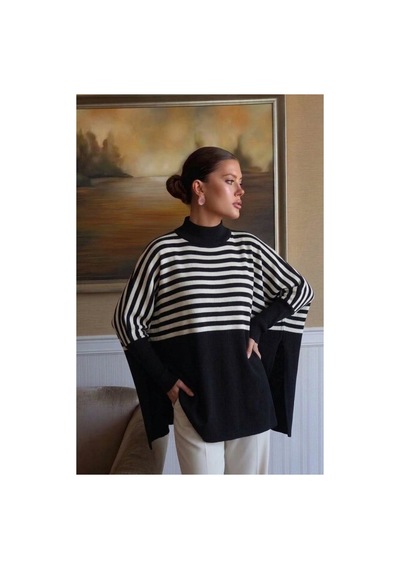 Onno Style Women Çizgili Standart Beden Triko Kadın Panço Siyah