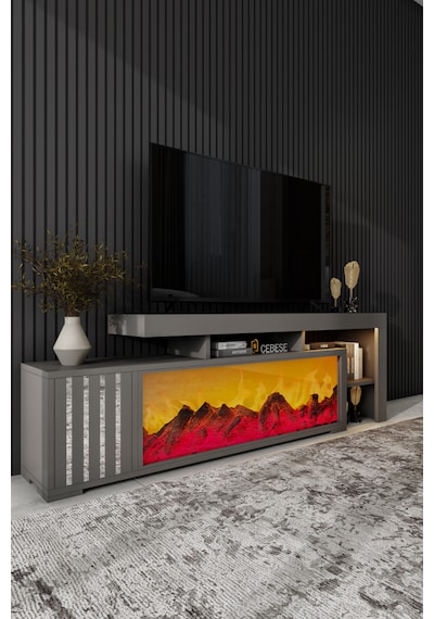 Dekoratif Elektrikli Yapay Şömine Ve Tv Ünitesi 160cm X 52cm Kumandalı Bluetooth Ses Antrasit