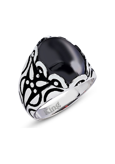 Kuyumcudukkani Düz Oval Kubbe Kesim Taşlı Gümüş Erkek Yüzük-60002-w-blk 33 Beyaz