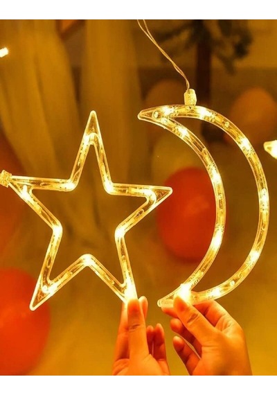 3 Metre Ay Yıldız Led Saçaklı Hilal Led Ramazan Ayı Led Işık Zinciri Günışığı Fişli 8 Fonksiyonlu Gün Işığı
