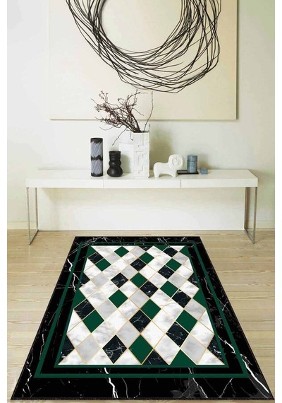 Yeşil Geometrik Kaymaz Taban Makinede Yıkanabilir Halı Rv144n11