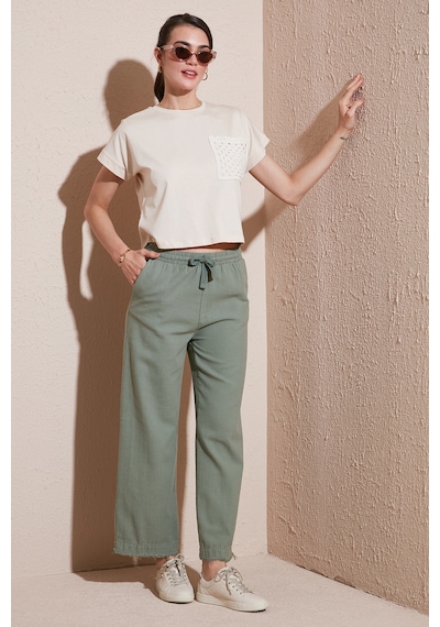 Lela Pamuklu Relaxed Fit Yüksek Bel Geniş Paça Bayan Pantolon 668Yp5275 Haki