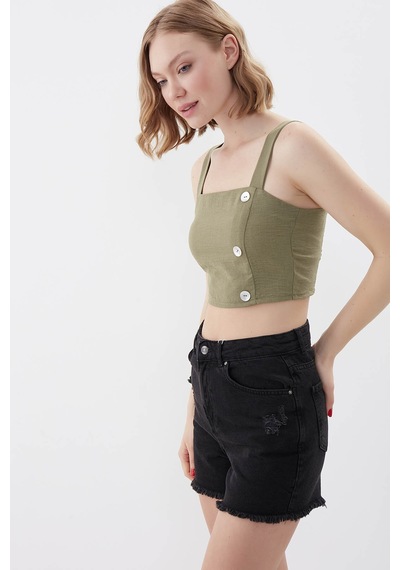 Vitrin Sedef Düğmeli Sırtı Gipeli Crop Bluz Haki