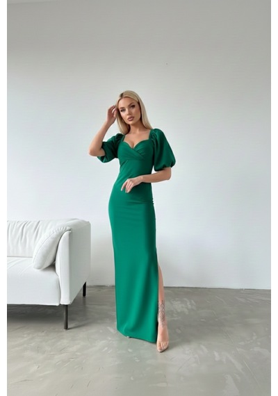 Defymoda Kadın Yırtmaçlı Şık Tasarım Krep Elbise Yeşil