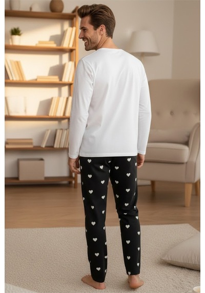 Siyah İnci Erkek Ekose Merry Christmas Baskılı Yılbaşı Temalı Örme Pijama Takım 7969 Siyah Kalp