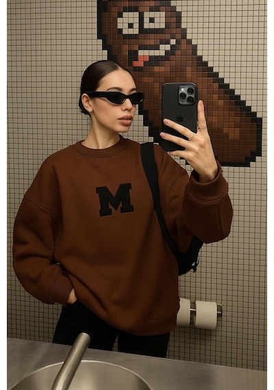Benroma 3 İplik Penye M Baskılı Unisex Sweatshırt Kahverengi