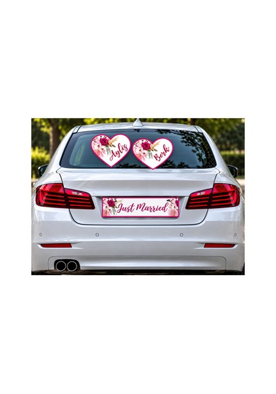 Kişiye Özel Gelin Arabası Süsü İsimli Kalp Süs Ve Just Married Plaka Düğün Araba Süsleme Seti Sürpriz Hediyeli Çok Renkli
