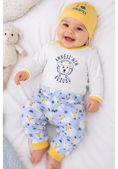 Babyhola Pamuk Annesinin Kuzusu Çıtçıtlı Badi Pantolon Bere 3'lü Takım 593-4 Mavi