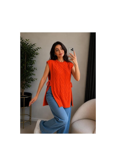 Hira Life Fashion Kadın Bisiklet Yaka Yanları Açık Bağcıklı Oversize Triko Süveter Turuncu Turuncu Hira Life Fashion Kadın Bisiklet Yaka Yanları Açık Bağcıklı Oversize Triko Süveter Turuncu Turuncu
