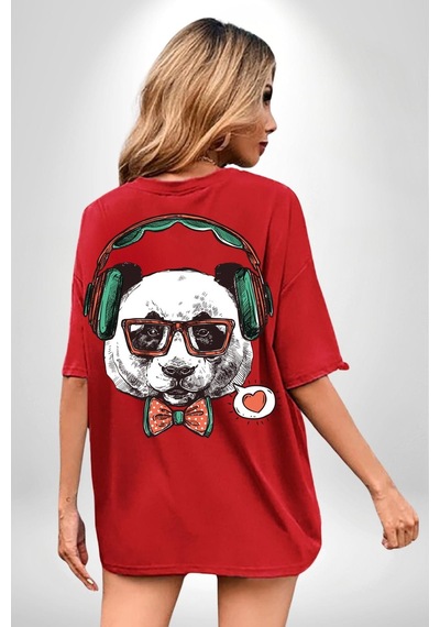 Kulaklıklı Hipster Portre Panda Kırmızı Oversize Unisex Ön Ve Sırt Baskılı Tişört Kırmızı
