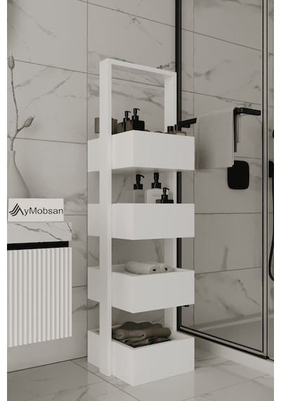 Multi Çok Amaçlı Banyo Rafı, Sepetli Çok Amaçlı Raf, 4 Raflı 120 Cm, Beyaz Beyaz