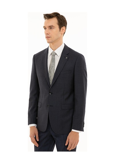 Cacharel İndigo Slim Fit Yün Çizgili Ceket Mavi