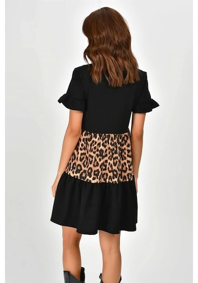 Aqe Fashion Kadın V Yaka Leopar Desenli Bloklu Elbise Leopar & Siyah Leopar