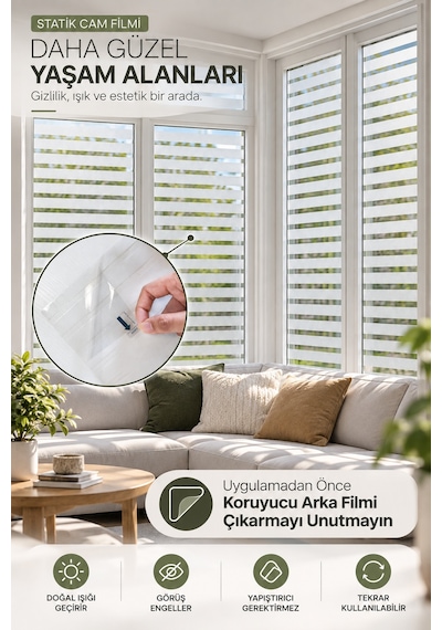 Deconitte Statik Cam Filmi 60x100cm Çizgili Buzlu Desen Yapışkansız Buzlu Cam Filmi Pencere Kaplama, Kumlama