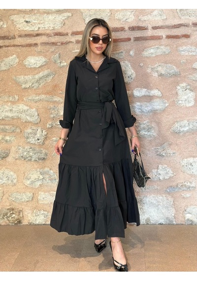 Alyn Wear Kadın Uzun Kollu Eteği Fırfırlı Beli Kuşaklı Trikoton Tam Boy Gömlek Elbise Siyah
