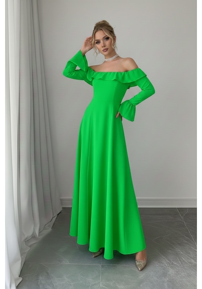 Defymoda Kadın Modern Kesim Fırfır Detaylı Elbise Yeşil