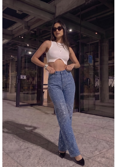 Kadın Mavi Likralı Yüksek Bel Önü Full Taşlı Wide Leg Geniş Paça Jean Kot Pantolon