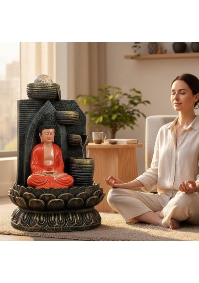 Dekoratif Büyük Şelaleli Led Işıklı Buddha Masaüstü Dekoratif Su Çeşmesi Akan Su Efektli Feng Shui Meditasyon, Yoga, E