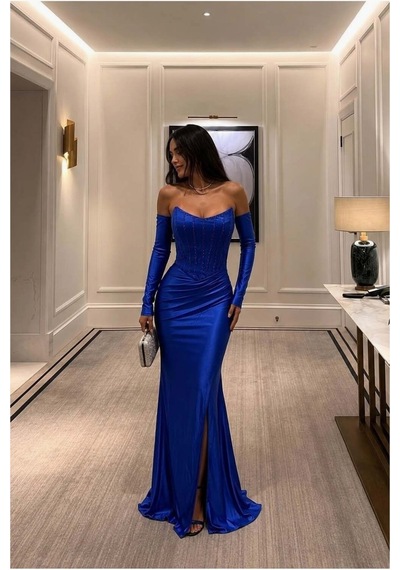 DefyModa Kadın Trend Straplez Yırtmaçlı Abiye Elbise Saks