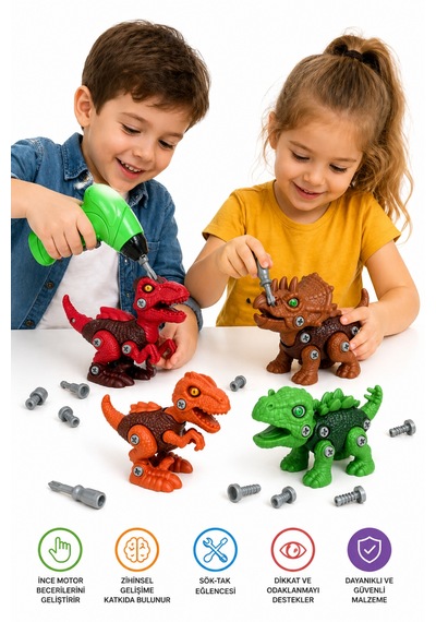 Sök Tak 4'lü 14cm Dinozor Oyuncak Seti Vidalı Montajlı Eğitici Oyuncak + Pilli Matkap İle