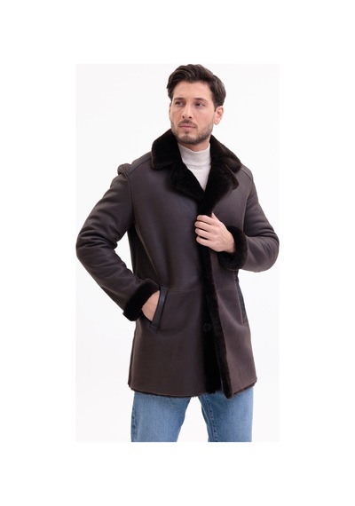 M M Marki Marki Hakiki Deri Erkek Kaban Kahverengi İçi Kürklü Düğmeli Premium 85 Cm - 500522