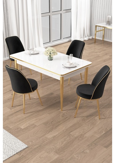 Canisa Rewa Serisi 70x110 Sabit Beyaz Gold Detay Masa Takımı Ve 4 Siyah Sandalye Masa Beyaz Sandalye Siyah Ayak Gold Canisa Rewa Serisi 70x110 Sabit Beyaz Gold Detay Masa Takımı Ve 4 Siyah Sandalye Masa Beyaz Sandalye Siyah Ayak Gold