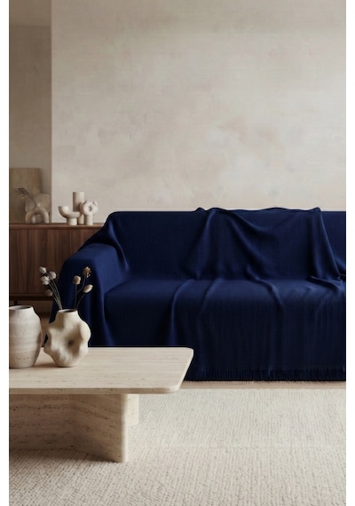 İskandinav Dokulu Pamuklu Saçaklı Koltuk Örtüsü Ve Koltuk Şalı Kaymaz Terletmez 180x300 Cm Lacivert