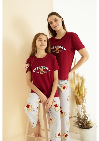 Siyah İnci Pamuklu Bisiklet Yaka Örme Pijama Takım25107132 Bordo