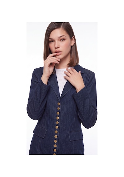 CEMO Gold Düğme Detaylı Uzun Blazer Ceket Lacivert