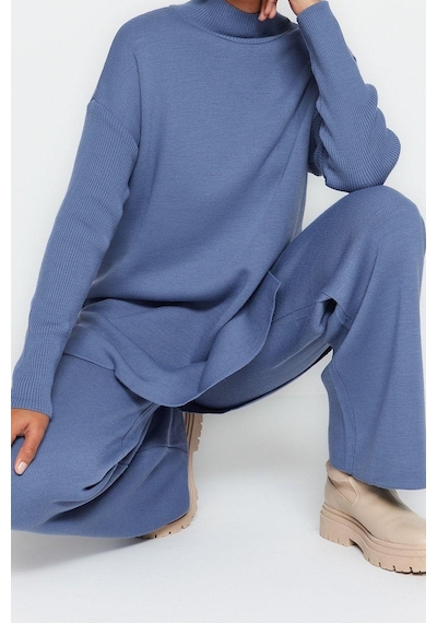 Ersefa Tarz Kadın Modern Moda Normal Bel Geniş Paça Balıkçı Yaka Yırtmaç Indigo