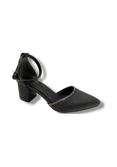 C-shoes 105-25 Saten Ağzı Taşlı Kalın Topuk Kadın Ayakkabı Siyah