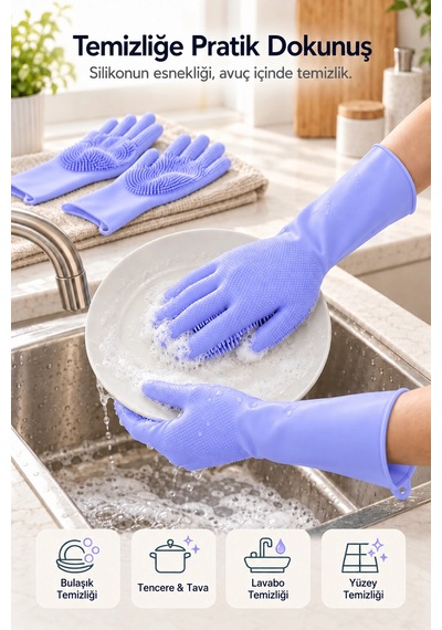 Tilbe Home Silikon Eldiven Bulaşık Yıkama Eldiveni Dayanıklı Kaymaz Tırtıklı Eldiven Fırın Mutfak El 70685215