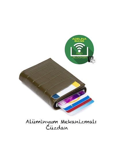 Adelina Bags Haki Timsah Desenli Mekanizmalı Otomatik Kızaklı Kartlık Cüzdan Haki