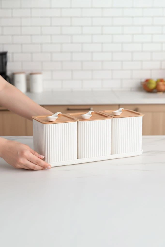 Atbyhome Valverdi - 3'lü 10 Parça Kaşıklı Bambu Görünümlü Tezgah Üstü Plastik Baharat Bakliyat Kavanoz Seti Bambu